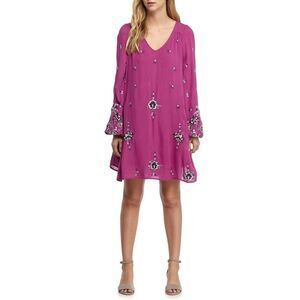 Free People Oxford Embroidered Mini Dress Magenta Purple Boho Long Sleeve Size M